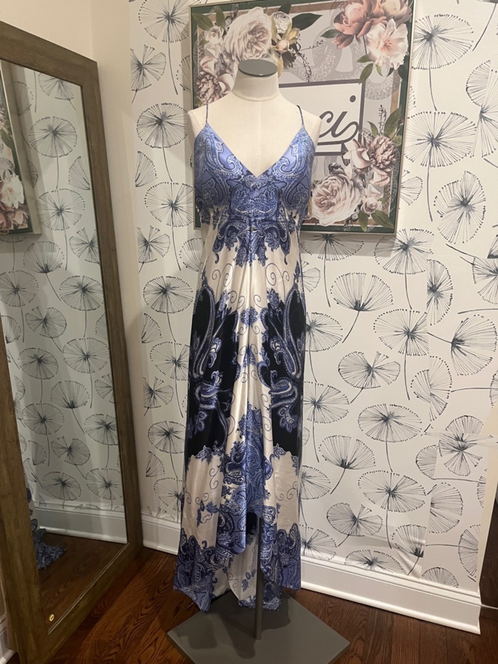 JS Collection 8 silk Blue and Cream Paisley Maxi Slip Dress long back